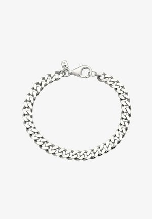 Silberarmband mit ineinandergreifenden Gliedern, polierter Oberfläche und Karabinerverschluss. Glatte Textur mit klassischem Design.