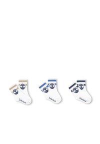 Set di tre paia di calzini bianchi con polsini colorati: uno con oro, uno con blu e uno con navy; presenta un design con logo e strisce.