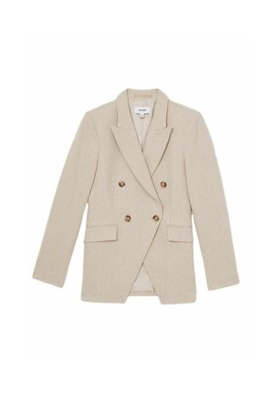 Blazer beige doppiopetto realizzato in tessuto testurizzato, con due tasche frontali e bottoni rotondi, dotato di revers a punta.