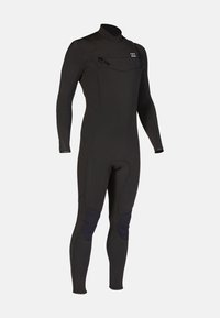 Black full-body wetsuit with long sleeves, zippered chest pocket, and reinforced knee pads on a plain background.