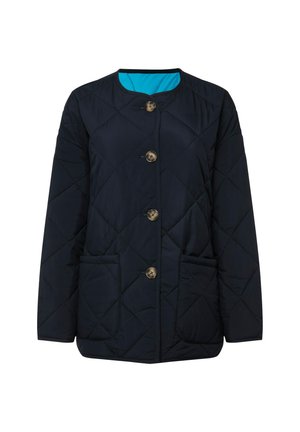 Giacca trapuntata blu navy con colletto rotondo, cinque chiusure con bottoni dorati, due tasche frontali e un rivestimento interno blu a contrasto.