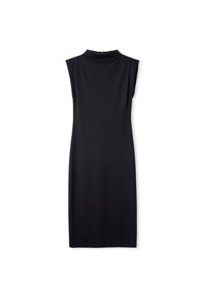 Schwarzes, ärmelloses Kleid mit hohem Ausschnitt, taillierter Form und glatter Textur. Keine sichtbaren Muster oder Metallteile.