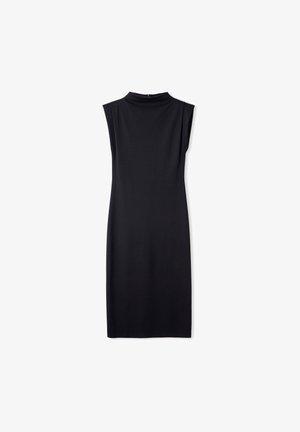 Abito nero senza maniche con scollatura alta, forma aderente e texture liscia. Nessun motivo visibile o dettagli metallici.