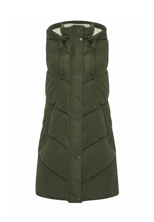 Gilet imbottito senza maniche verde oliva con cappuccio. Presenta un design trapuntato, chiusura frontale a bottoni a pressione e cordini regolabili. Interno foderato.