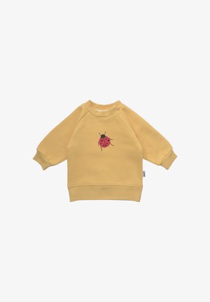 Yellow sweatshirt with raglan sleeves, made of soft fabric. Features a printed black and red ladybug design on the front.