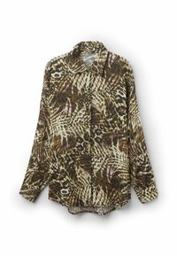 Camisa de manga larga con un diseño de estampado animal en marrón, crema y negro. Confeccionada en un tejido ligero, cuenta con cuello y cierre delantero con botones.