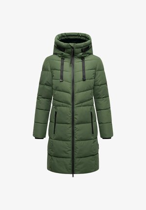 Hosszú zöld puffermellény kapucnival, fekete cipzárral és fémszínekkel, két oldalsó zsebbel és steppelt mintázattal.