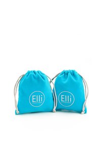 Set of two turquoise fabric bags with drawstring closures and a circular white logo reading "Elli by Julie & Grace." Smooth texture.