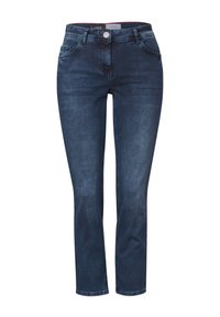 Jean en denim bleu foncé avec une coupe slim. Comprend cinq poches, une fermeture à bouton et une taille mi-haute. Texture lisse avec un léger délavage.