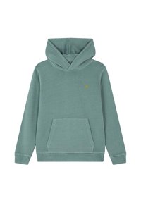 Felpa con cappuccio in morbido tessuto verde tenue. Presenta una tasca frontale e un piccolo logo ricamato. Taglio classico con polsini e orlo a costine.