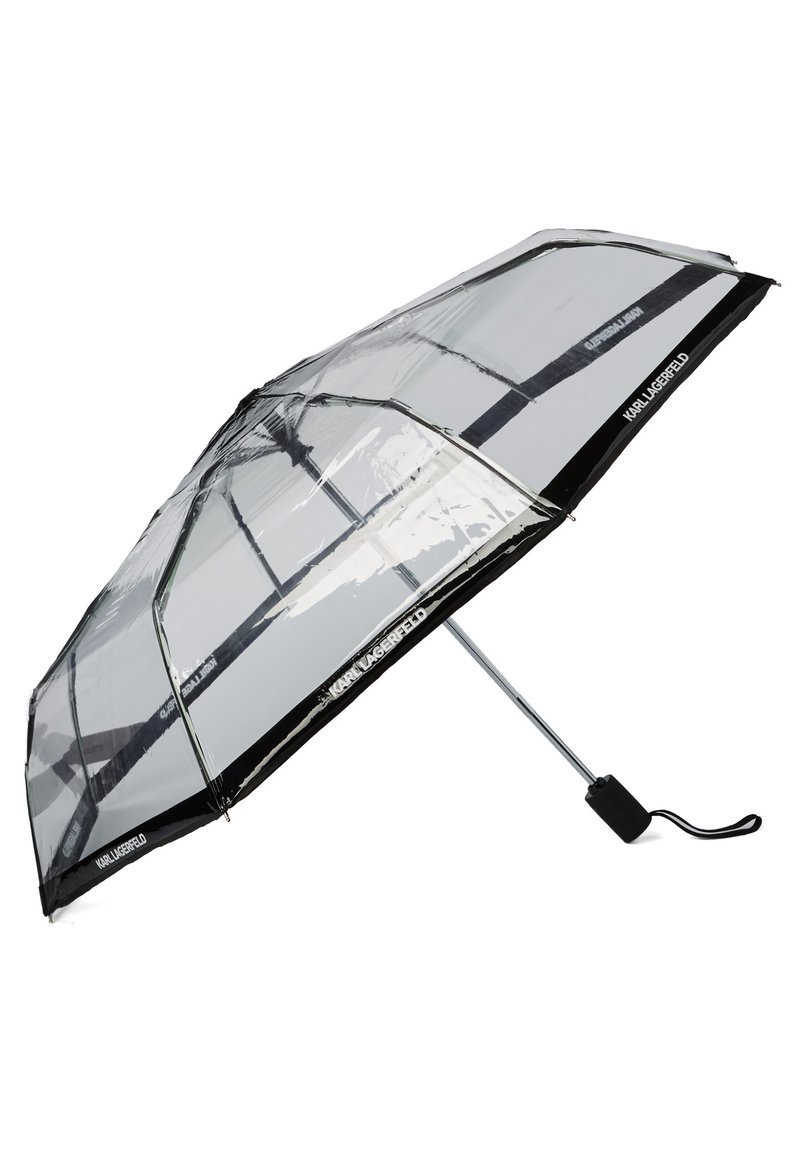 Przezroczysta parasolka z czarnymi wykończeniami i rączką. Posiada przezroczystą kopułę z ośmioma prętami, prezentując elegancki, nowoczesny design.