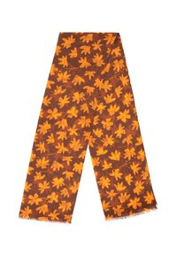 Sciarpa marrone con un motivo a foglie arancioni su tutta la superficie, con bordi frangiati e una texture morbida. Forma rettangolare per uno stile versatile.