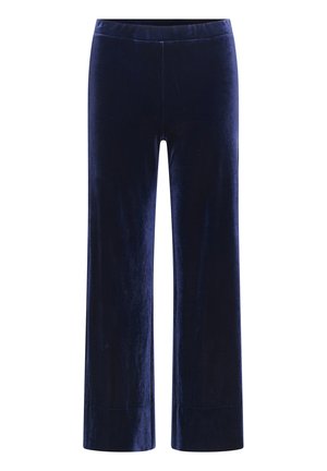 Pantaloni in velluto blu navy con design a gamba dritta, texture liscia e una leggera lucentezza; presentano una cintura ampia e piatta.