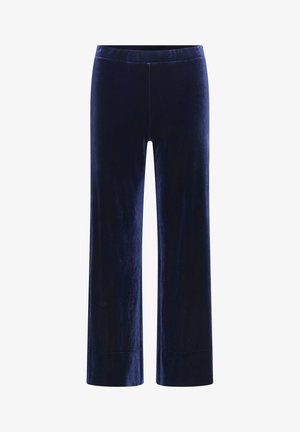 Navy blue velvet trousers with a straight leg design, smooth texture, and a subtle sheen; features a wide, flat waistband.