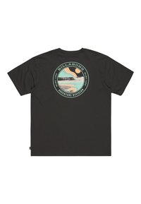 Black t-shirt featuring a round graphic design on the back with a scenic beach illustration, accents of green, peach, and yellow.