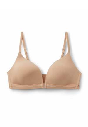 Beiger, leicht gepolsterter BH mit verstellbaren dünnen Trägern und vorderem Verschluss, entworfen für sanfte Unterstützung und Komfort.