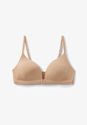Reggiseno beige leggermente imbottito con spalline sottili regolabili e chiusura frontale, progettato per un supporto uniforme e comfort.