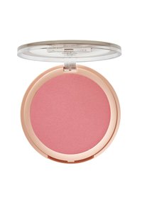 Compact de blush rond avec un couvercle transparent. Contient une poudre rose douce avec une légère brillance. Texture lisse et boîtier en plastique rose élégant.
