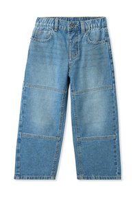 Jeans a gamba larga in denim azzurro chiaro con vita elasticizzata, due tasche frontali e dettagli in patchwork a contrasto sulle gambe.