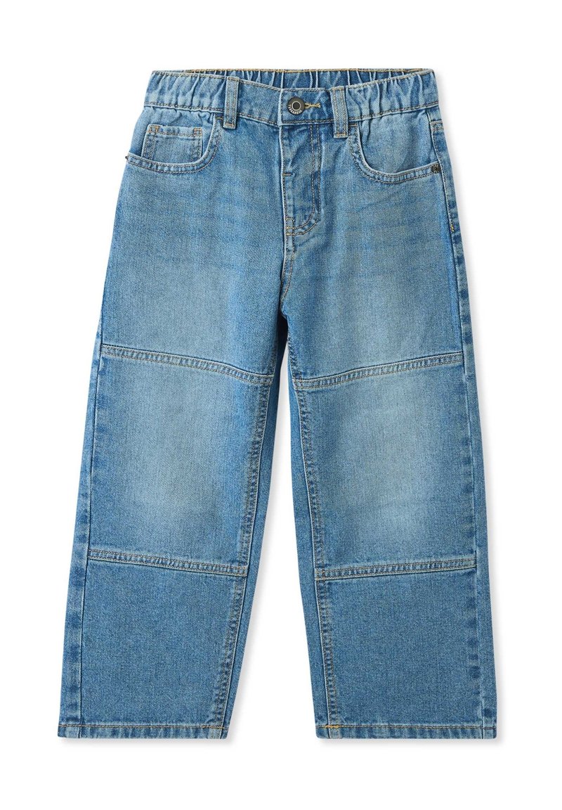 Jeans a gamba larga in denim azzurro chiaro con vita elasticizzata, due tasche frontali e dettagli in patchwork a contrasto sulle gambe.