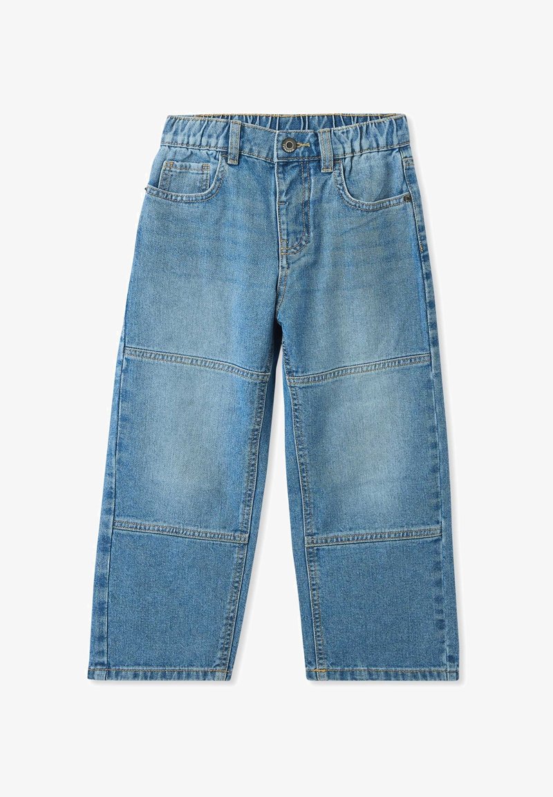 Jeans a gamba larga in denim azzurro chiaro con vita elasticizzata, due tasche frontali e dettagli in patchwork a contrasto sulle gambe.