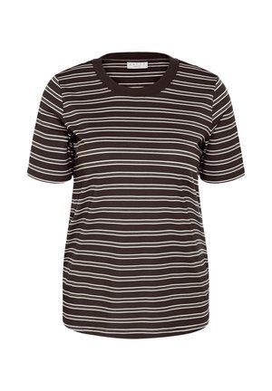 Sort kortærmet skjorte med hvide vandrette striber og rund halsudskæring, vist på en hvid baggrund.