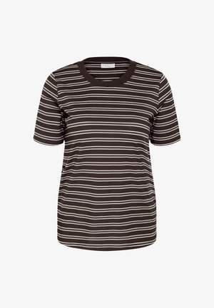 Chemise noire à manches courtes avec des rayures horizontales blanches et un col rond, présentée sur un fond blanc.