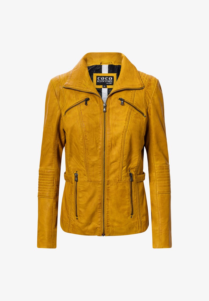 Gelbe Lederjacke mit Reißverschluss vorne, strukturiertem Kragen und drei Reißverschlusstaschen. Mit gesteppten Details an den Ärmeln und einer taillierten Passform.