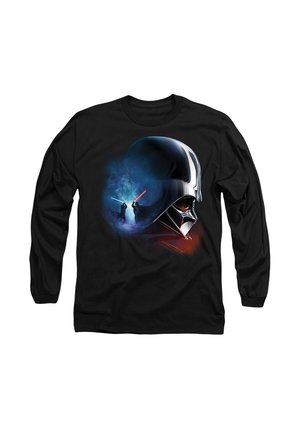 Schwarzes Langarmshirt mit einer Illustration eines Helms mit glänzender Oberfläche, umgeben von blauen und roten Lichtschwert-Effekten.