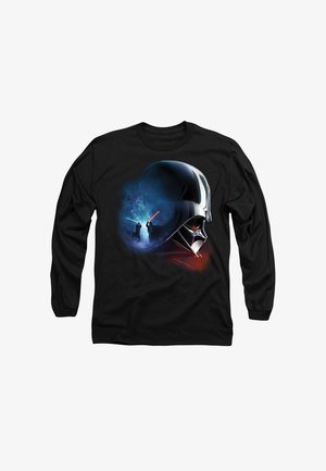 Black long-sleeve shirt featuring an illustration of a helmet with a glossy finish, surrounded by blue and red lightsaber effects.