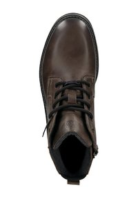 Brązowe skórzane botki z czarnymi sznurowadłami, okrągłym noskiem, kontrastowym szwem i teksturowanym wykończeniem wnętrza. Posiadają boczny zamek błyskawiczny oraz detal z logo.