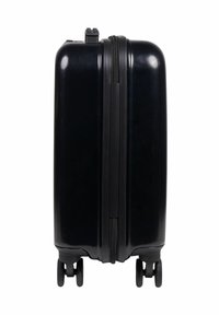 Valigia rigida nera con superficie liscia, chiusura con doppia cerniera e due ruote per la mobilità. Design compatto e rettangolare.