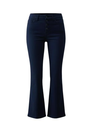 Pantaloni in denim blu navy a vita alta con quattro bottoni frontali, tasche anteriori e gambe svasate che si allargano dalle ginocchia.