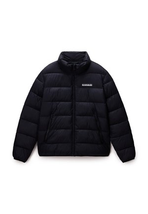Black puffer jacket with a high collar, quilted design, zippered front, and two side pockets. Features a logo on the left chest area.