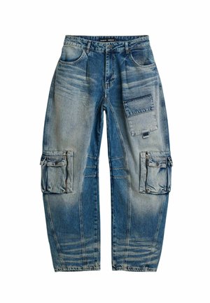 Losse blauwe denim cargobroek met meerdere zakken, vervaagde textuur en zichtbare stiksel details, met een ontspannen pasvorm en een hoge taille.