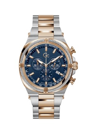 Reloj de acero inoxidable en plata y oro rosa con esfera azul, tres subesferas, escala taquimétrica y una correa cepillada con detalles pulidos.