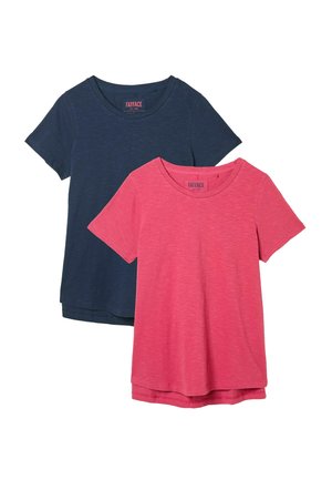 Two crew-neck t-shirts stacked: one navy blue and one pink. Both feature short sleeves and a relaxed fit with a subtle heathered texture.