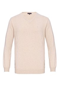 Beige V-hals trui, gemaakt van een gestructureerd breimateriaal, met lange mouwen en ribboorden aan de manchetten en onderkant. Subtiel logo op de borst.