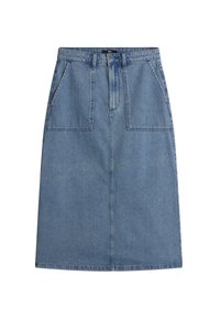 Jupe en jean bleu mi-longue avec poches plaquées devant, passants pour ceinture et fermeture par bouton et zip.