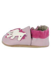 Rosa Leder-Schuh mit einem weißen Einhorn-Design und pinken Akzenten, elastischem Knöchelband und einer weichen, flexiblen Sohle.