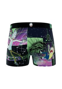 Des boxers noirs présentent un design cartoon avec Rick d'un côté et Morty de l'autre, accentué par des motifs vibrants de vert et de violet.