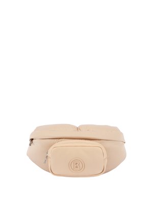 Riñonera beige acolchada con bolsillo frontal con cremallera y logo circular en relieve con la letra B.