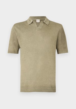 Knit short-sleeve polo in muted olive green, featuring a collared neck and V-shaped opening, with ribbed cuffs and hem.