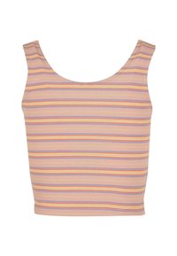 Stribet tanktop i pastelfarver, med horisontale striber i pink, lavendel, orange og gul. Fremstillet af ribbet stof, med scoop-udskæring.