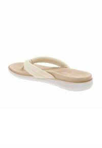 Flip-flop beige con plantare sagomato, cinturini in tessuto morbido e suola in gomma bianca. Finitura liscia senza modelli o hardware visibili.