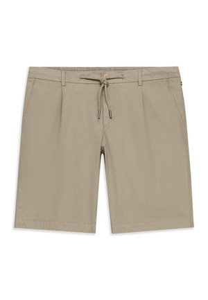 Beige knielange Shorts mit Kordelzugbund, Seitentaschen, Gürtelschlaufen und metallbeschichteten Kordelenden.