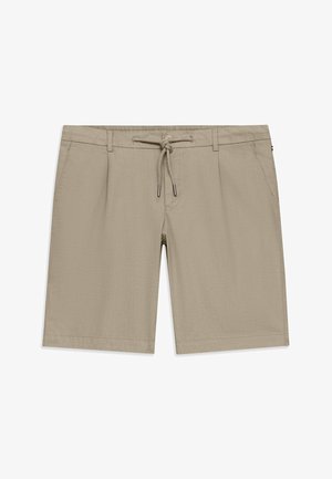 Beige knielange Shorts mit Kordelzugbund, Seitentaschen, Gürtelschlaufen und metallbeschichteten Kordelenden.