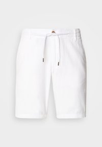 Shorts bianchi in lino con elastico in vita e cordoncino, tasche laterali e vestibilità comoda. Texture liscia con un design pulito.