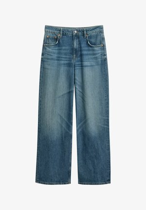 Lichtblauwe denim jeans met een losse, wijde pijp. Heeft vijf zakken, een knoopsluiting en subtiele vervaging over de stof.