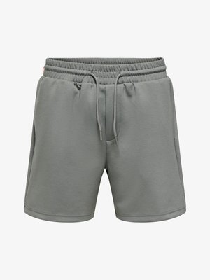 Grå shorts med elastisk midjebånd, justerbar snor og sidelommer, laget av mykt stoff.